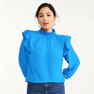 Ann Taylor LOFT Smocked Mock Neck Ruffle Long Sleeve Blouse Blue